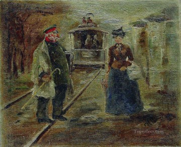 駅のプラットホーム上 後退する馬車のある街路風景 イリヤ・レーピン Oil Paintings